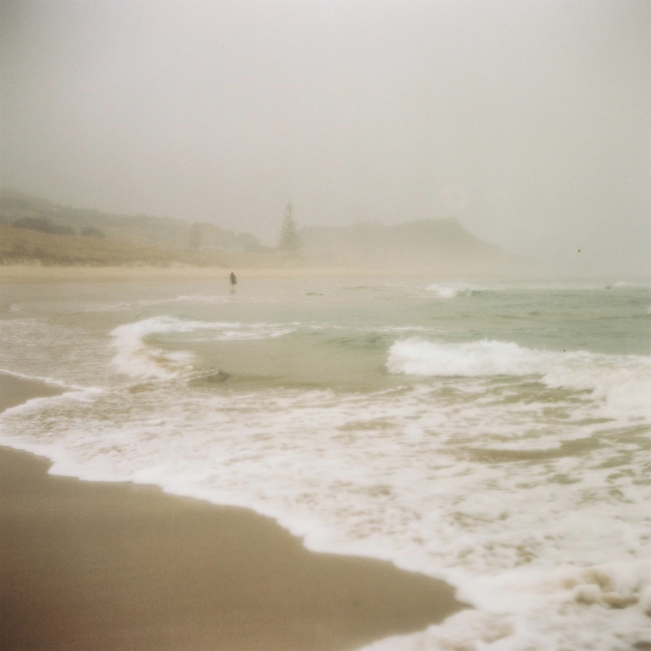 Misty Wainui Beach.
I was really positively surprised by this one. It looks like a painting.
The recipe: the Lomo Lubitel, a roll of Portra 400, a misty and drizzly Wainui beach, and a lens I couldn&rsquo;t keep dry.