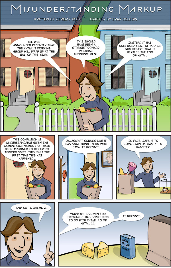 Misunderstanding Markup: XHTML 2/HTML 5 Comic Strip
&ldquo; Since the official announcement of W3C to stop working on the development of XHTML 2 in the end of 2009 and increase resources on HTML 5 instead, there has been a lot of confusion and various...